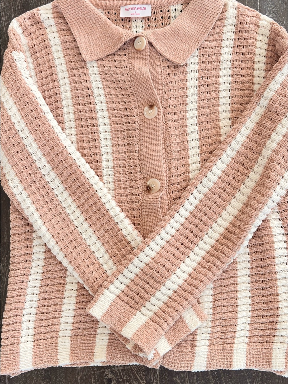 Tan & White Striped Knit Polo Cardigan